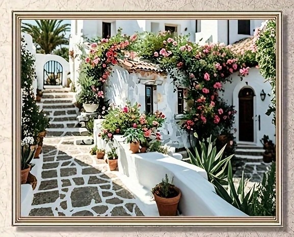 5D Çiçekli Bodrum Evi Temalı Boncuk Kit 30x40cm