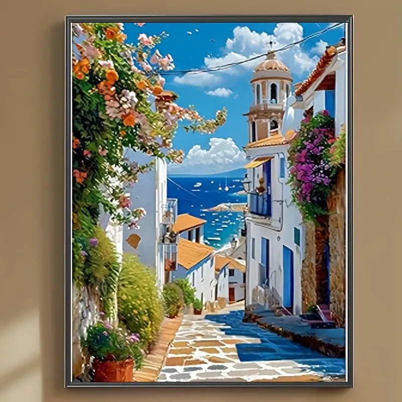 5D Çiçekli Sokak Temalı Boncuk Kit 30x40cm