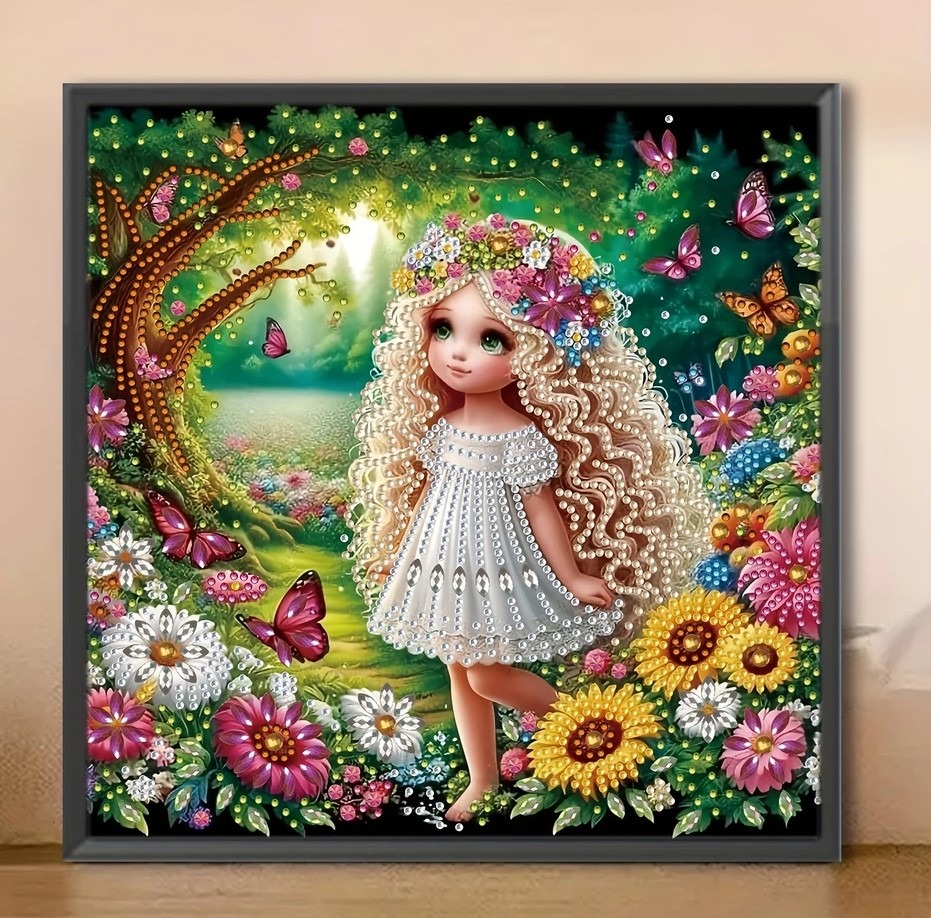 5D Çiçek Kız Temalı Boncuk Kit 30x30cm