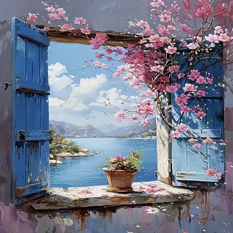 5D Pencereden Göl Manzarası Temalı Boncuk Kit 40x40cm